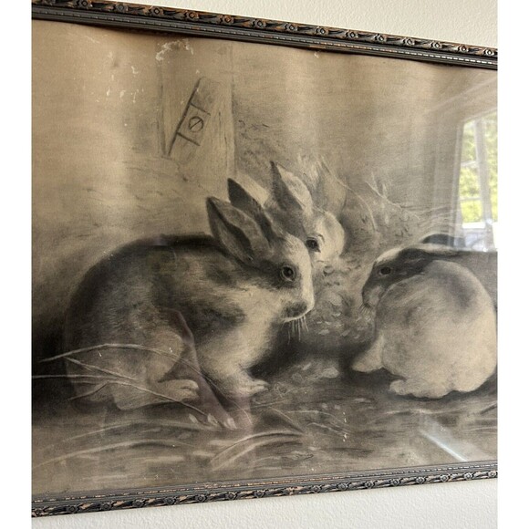 Vintage 1895 Bunny Rabbit Charcoal Crayon Drawing Framed Art Cottage Decor - Picture 2 of 9